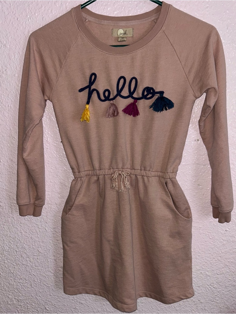 Peek Beige Sweatshirt Dress with 'hello' Script and Tassels